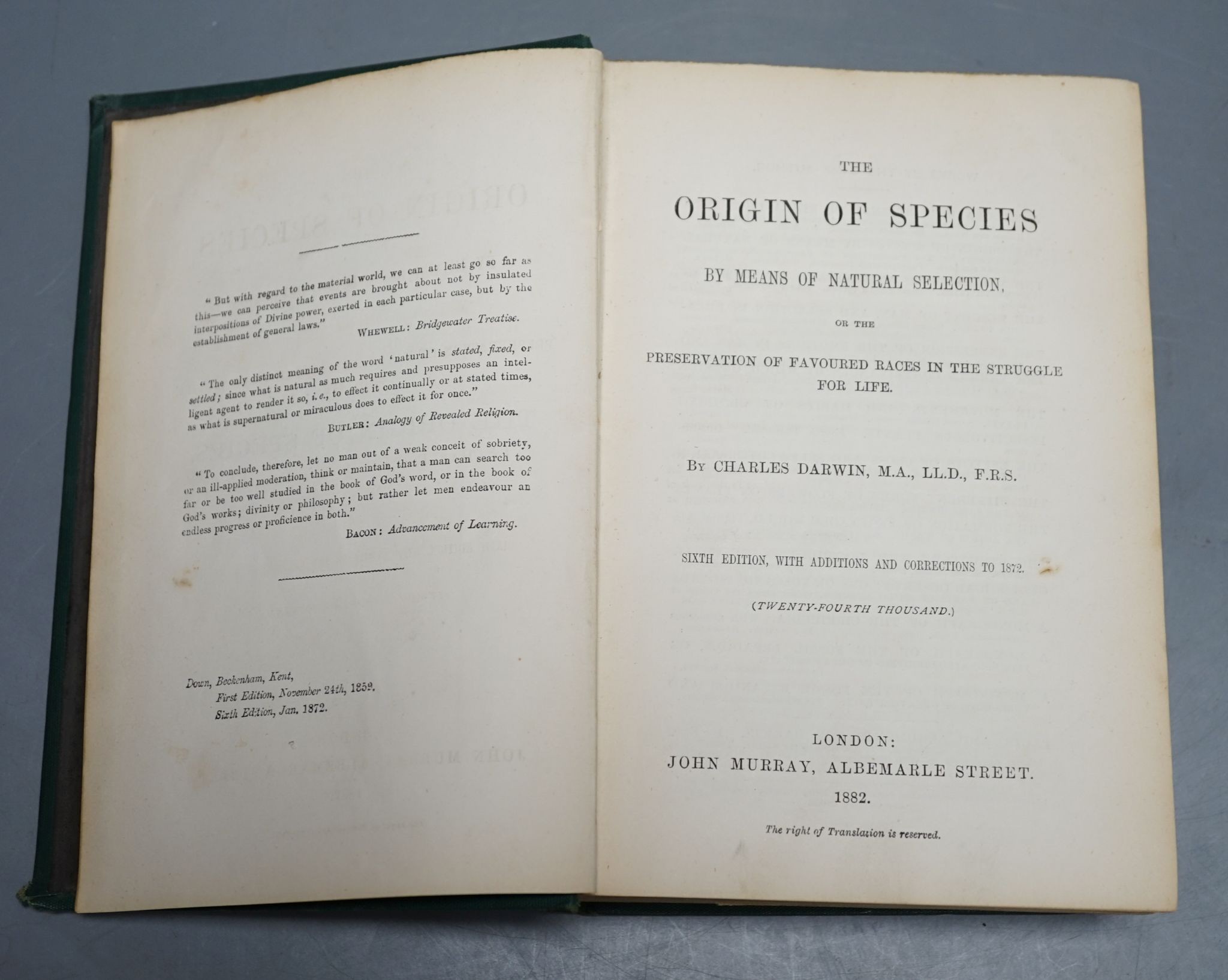 Darwin, Charles - The Origin of the Species, 6th edition, (twenty-fourth thousand), 8vo, original green cloth, John Murray, London, 1882